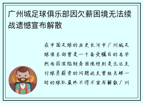 广州城足球俱乐部因欠薪困境无法续战遗憾宣布解散
