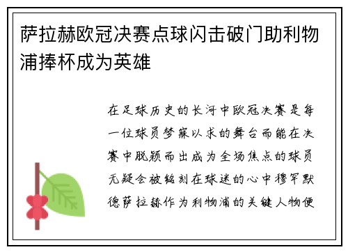 萨拉赫欧冠决赛点球闪击破门助利物浦捧杯成为英雄